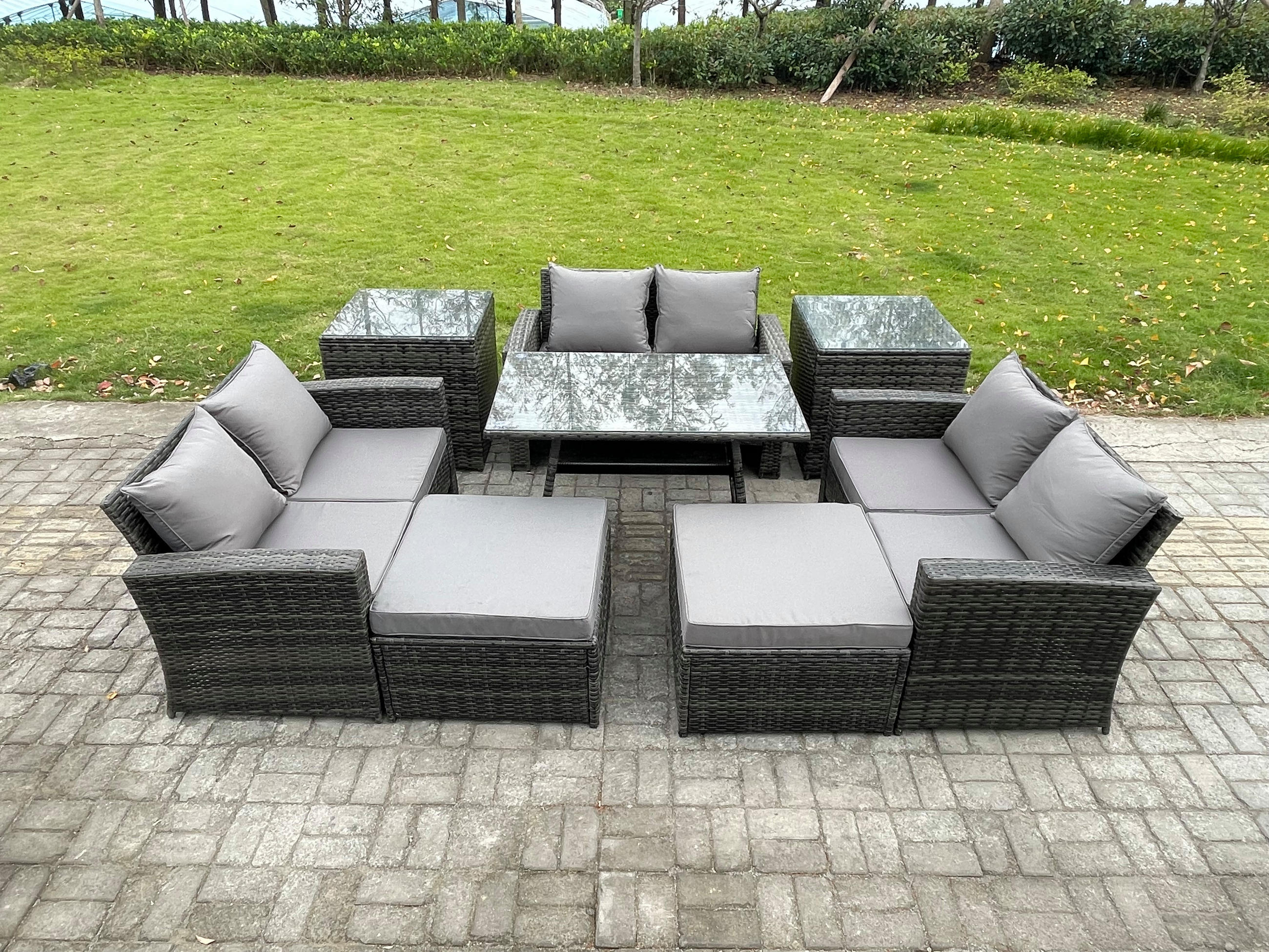 GARTENMÖBELSET mit ESSTISCH,HOCHLEHNER-SOFA Polyrattan Dunkelgrauer Mix 8-Sitzer - Dunkelgrau/Grau, Glas/Kunststoff - Fimous