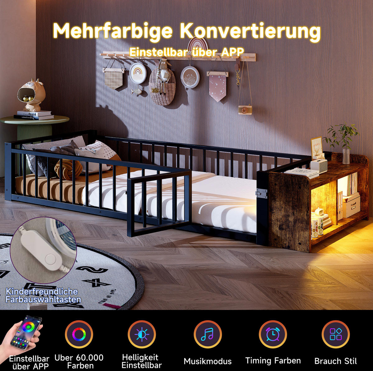 KINDERBETT 90/200 cm mit Schutzgeländer, offenem Staufach und LED-Beleuchtung, Schwarz - Schwarz, Holzwerkstoff (90/200cm) - Redom