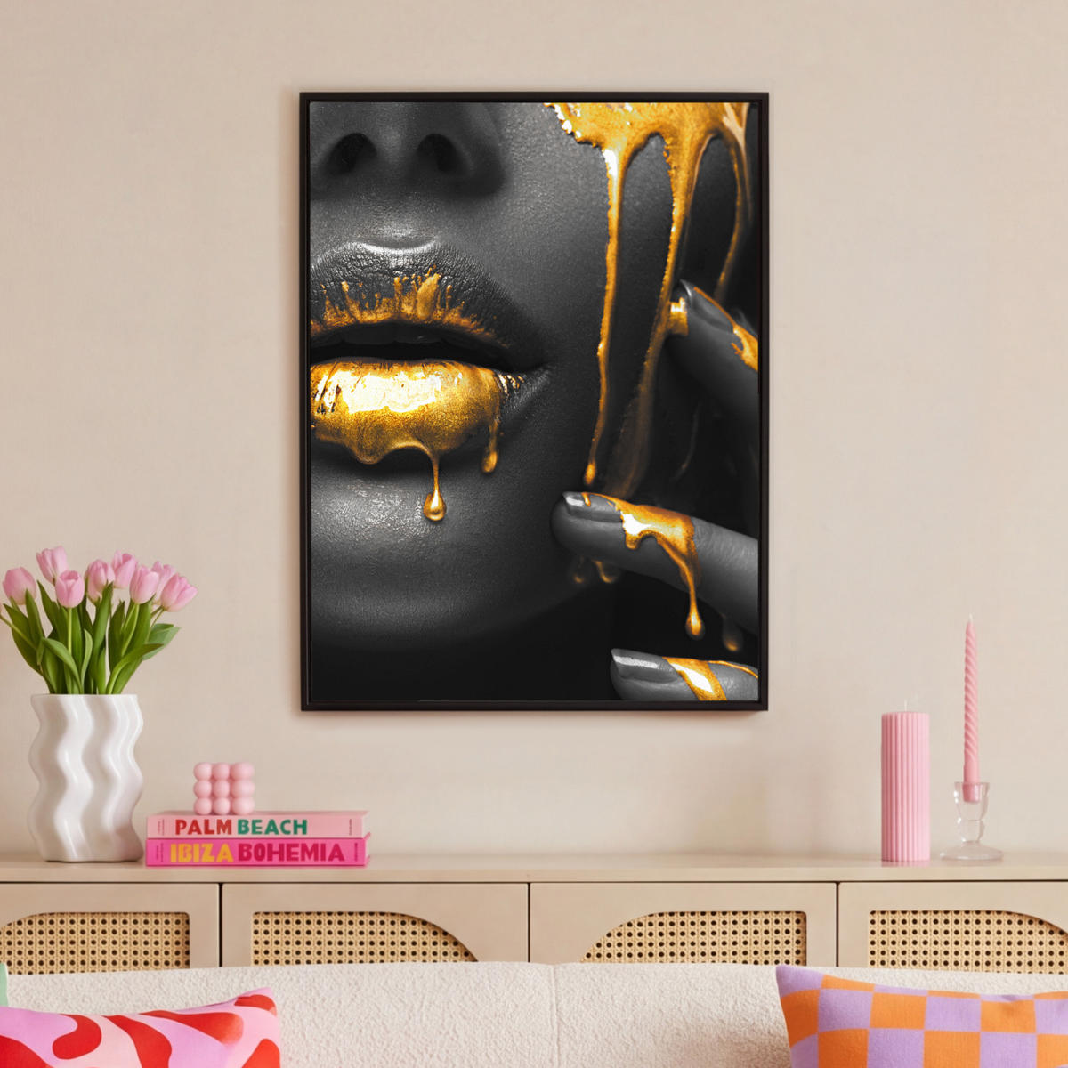 LEINWAND Bilder mit Rahmen - Frau - Schwarz - Gold - Gesicht - Lippen - 70x100 - Goldfarben, Textil (70/100cm) - MuchoWow