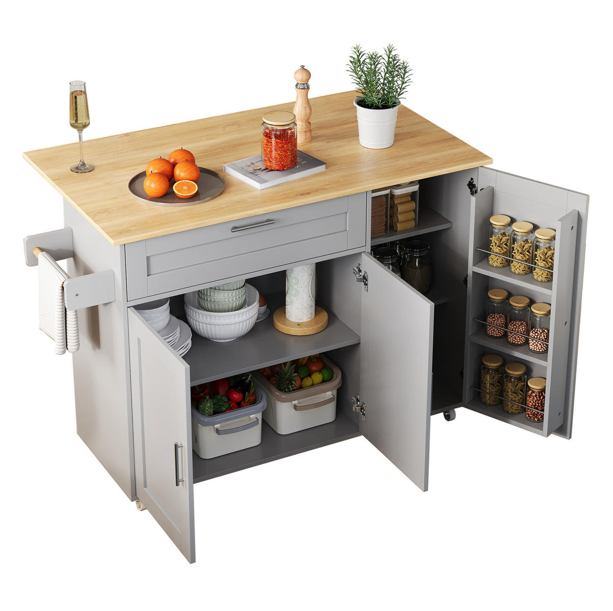 KÜCHENINSEL 132,5/44(70)/90 cm aus MDF mit klappbarer Arbeitsplatte Grau (Eichenoptik) - Grau, Holzwerkstoff (132.5/90/70cm) - Modenvie