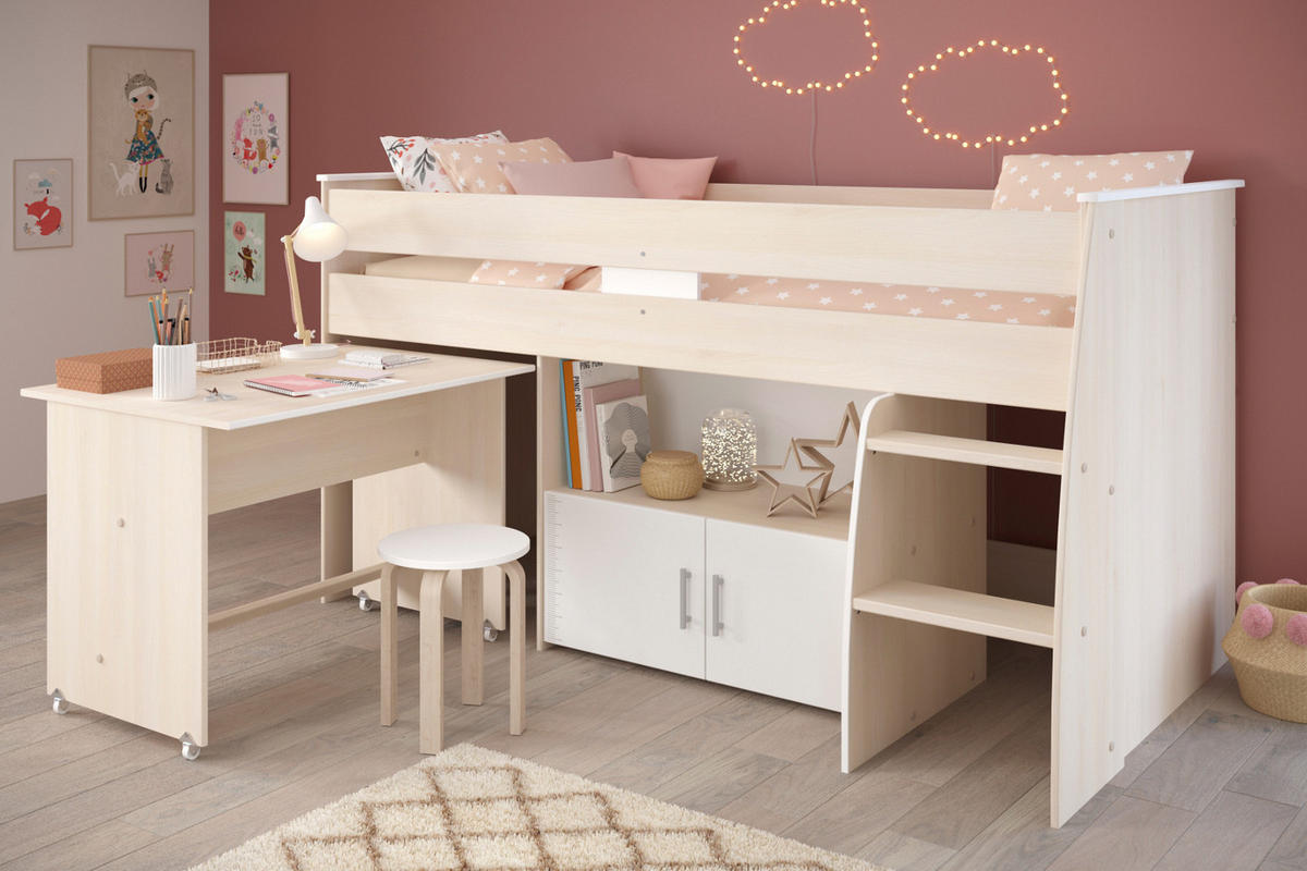 HOCHBETT Jugendzimmer mit Schreibtisch ausziehbar Bett 90 x 200 - Silberfarben/Weiß, Holz/Kunststoff (90/200cm) - Parisot Meuble