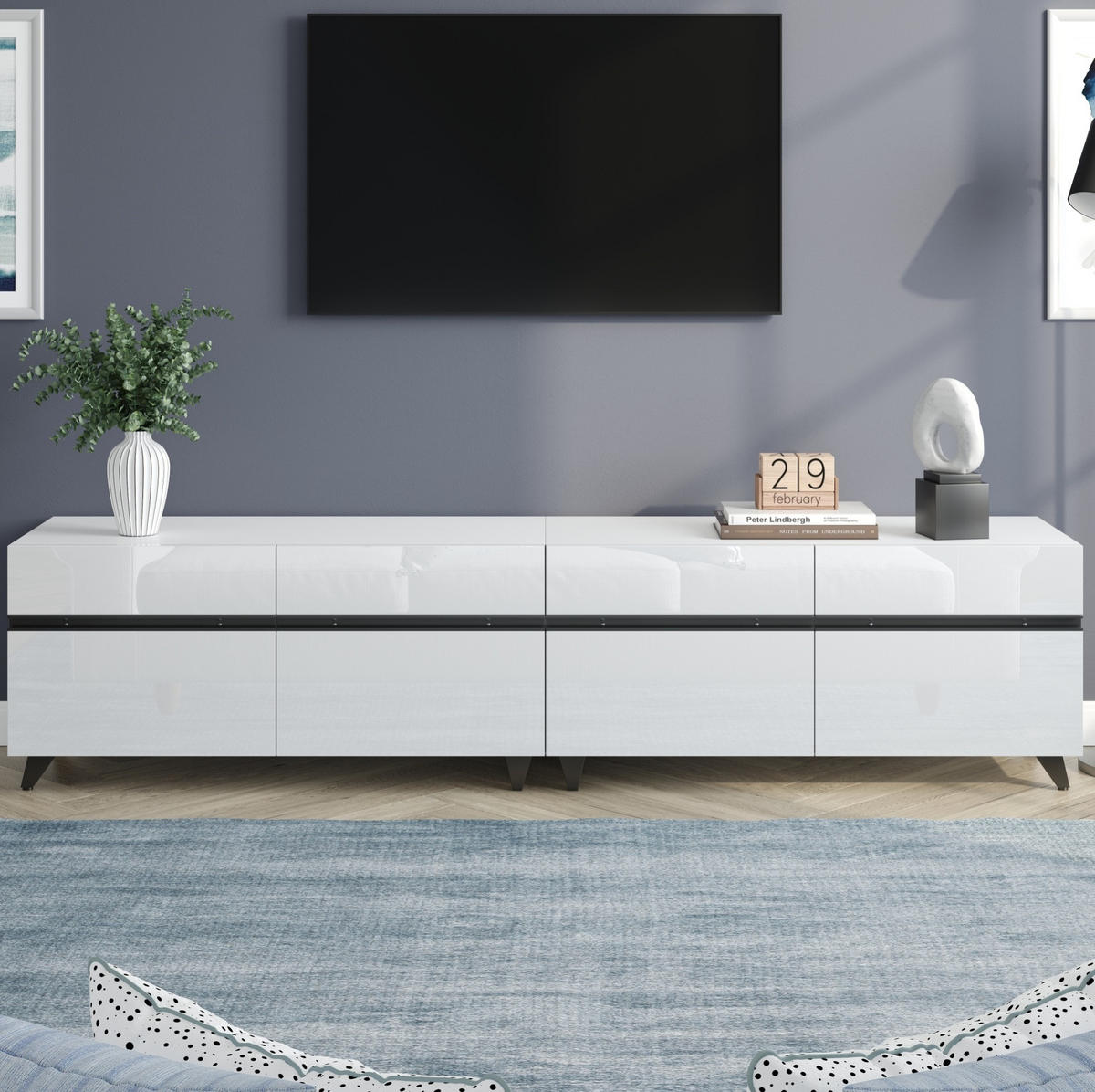 TV stolek 180/40/49 cm s vysokým leskem, 4 skříňkami, nastavitelnými přepážkami a 8 nohami, Bílá - bílá, kompozitní dřevo (180/49/40cm) - Redom