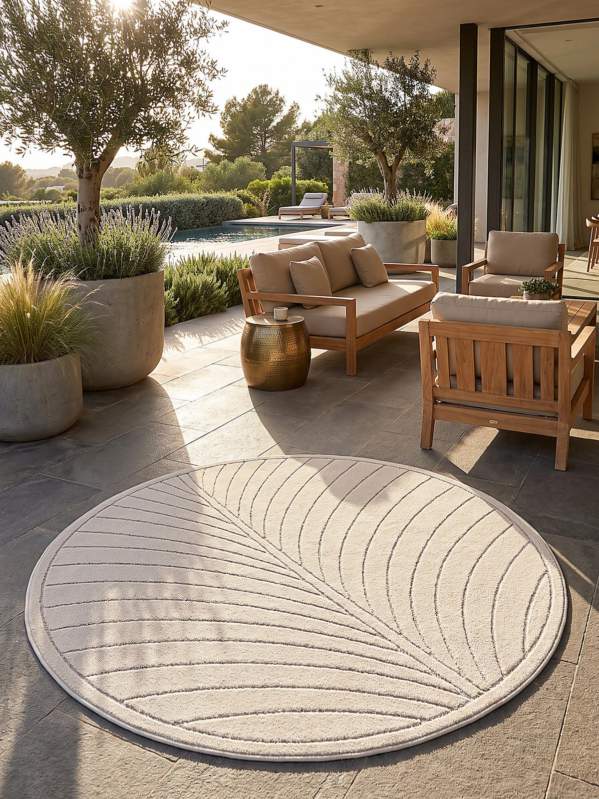 TEPPICH Outdoor, Fußbodenheizung-geeignet, mit Blattmotiv, aus Polypropylen, ENGADIN in Creme, Ø 160 cm - Beige, Textil (160/160cm) - KADIMA DESIGN
