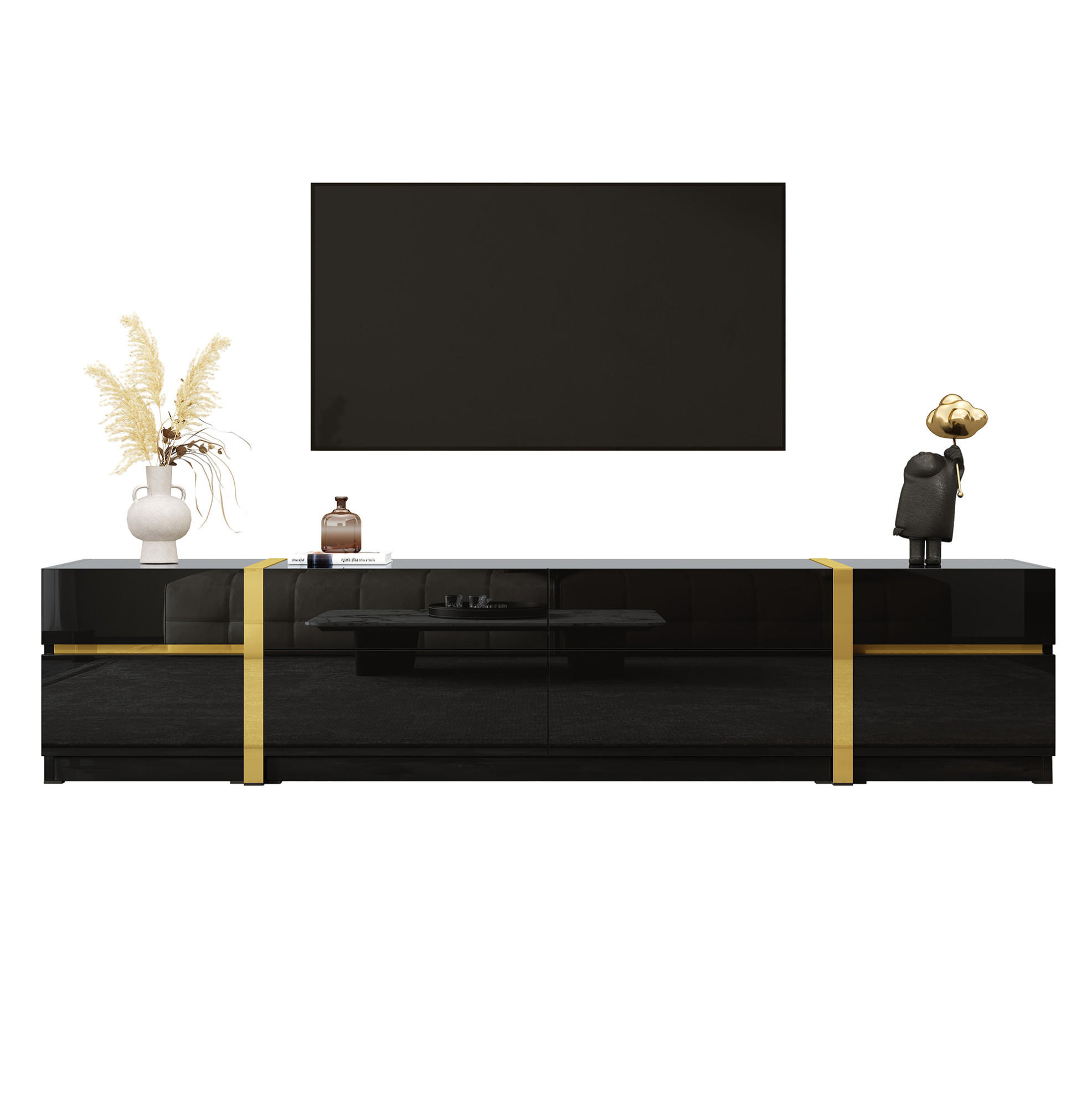 TV stolek z MDF a dřevotřísky 180x40x38 cm černý se 4 zásuvkami a 2 dvířky, vysoký lesk a zlaté detaily - černá, kompozitní dřevo (180/38/40cm) - Modfu
