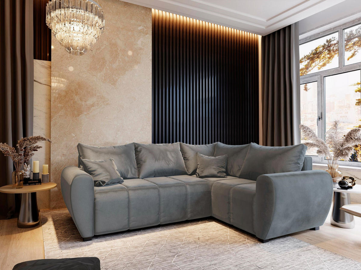 ECKSOFA MADISON L R-S Hellgrau Plüsch-Stoff mit Schlaffunktion - Hellgrau, Holz (235/175cm) - MASSENO