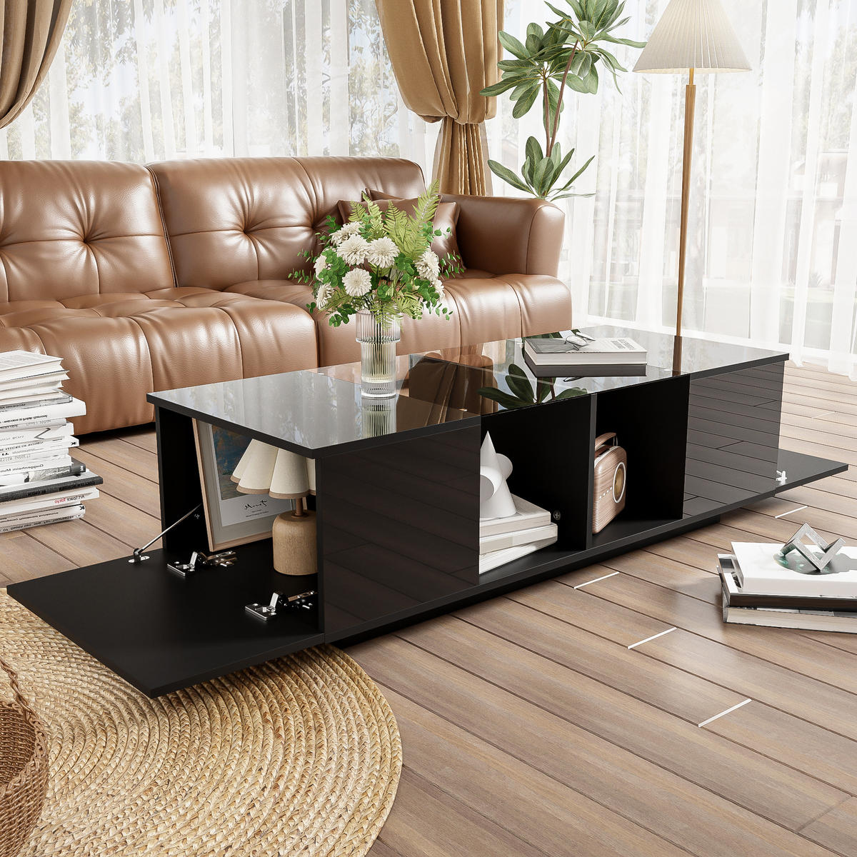 COUCHTISCH, Hochglanz/Matt mit Glasplatte und steuerbarer LED, 120/50/38,5 cm, Schwarz - Schwarz, Holzwerkstoff (120/50/38.5cm) - Redom