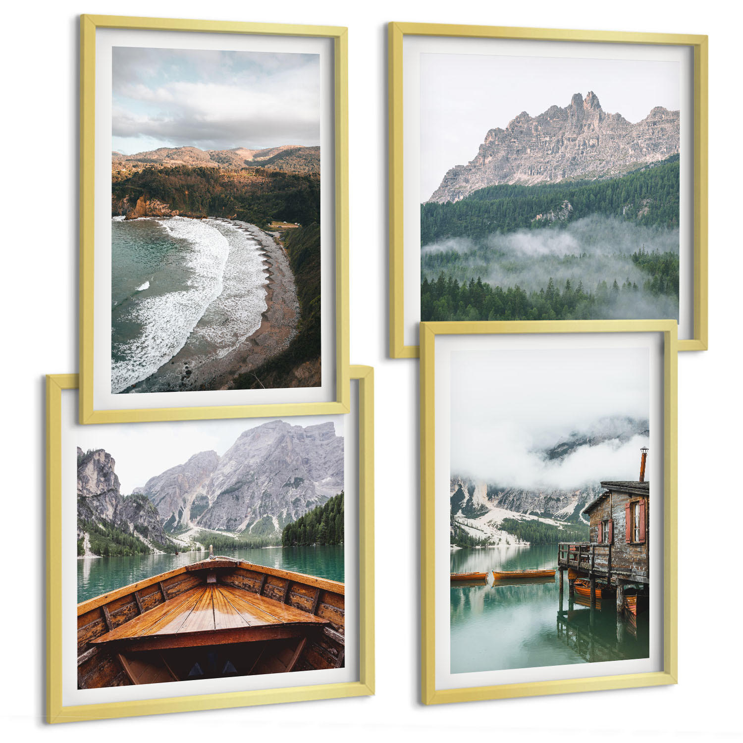BILDER SET 4er Set - 50x50 cm & 40x60 cm Goldrahmen - Holzhausboot an Bergstränden - Goldfarben, Kunststoff (50/50cm) - TULUP