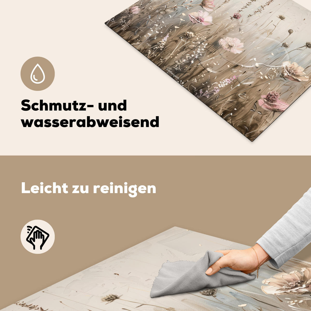HERDABDECKPLATTE Blumen - Beige - Trockenblumen 70x52 cm - Beige, Kunststoff (70/0.2/52cm) - MuchoWow
