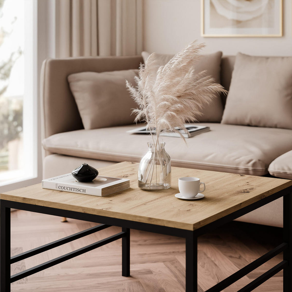 COUCHTISCH FORMA 60/60 cm Quadrat, Schwarz / Artisan-Eiche - Schwarz/Eiche Artisan, Metall (60/60/46cm) - Idohome