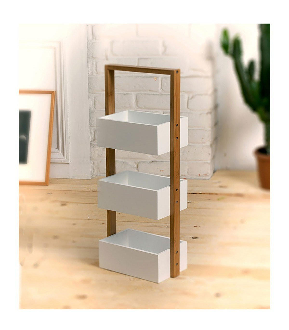BAMBUSREGAL mit 3 Aufbewahrungsboxen 28.5/15/66 cm - Weiß, Holz (15/66/28.5cm) - Calicosy