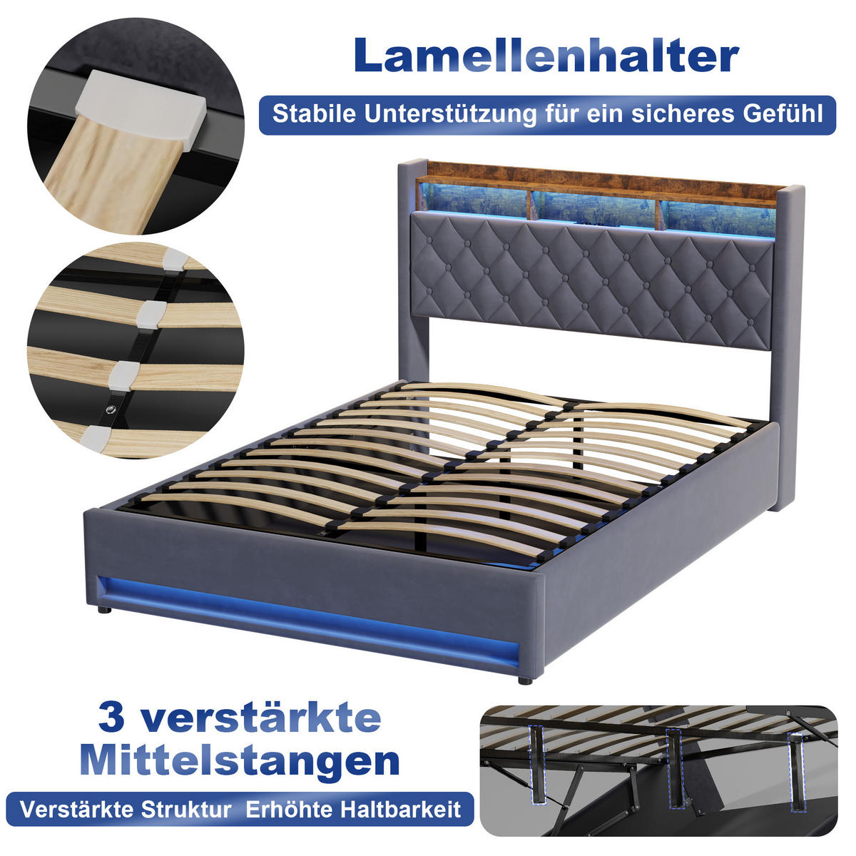 POLSTERBETT 160/200 cm aus Samt in Dunkelgrau mit Lattenrost - Grau, Textil (160/200cm) - BEAOK