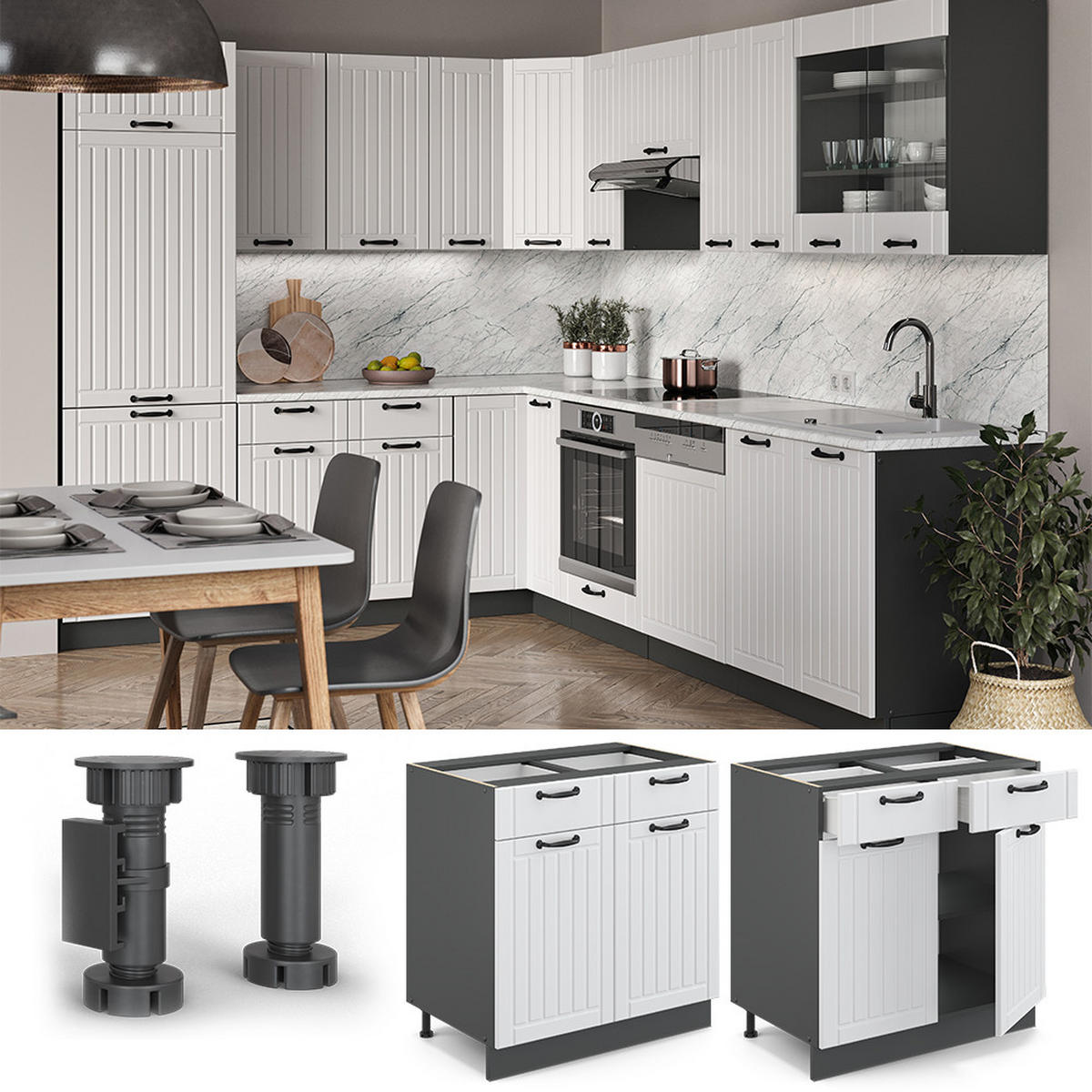 KÜCHENUNTERSCHRANK Fame-Line Weiß Landhaus 80 cm, AP Eiche - Anthrazit/Creme, Holzwerkstoff (80/82/60cm) - Vicco