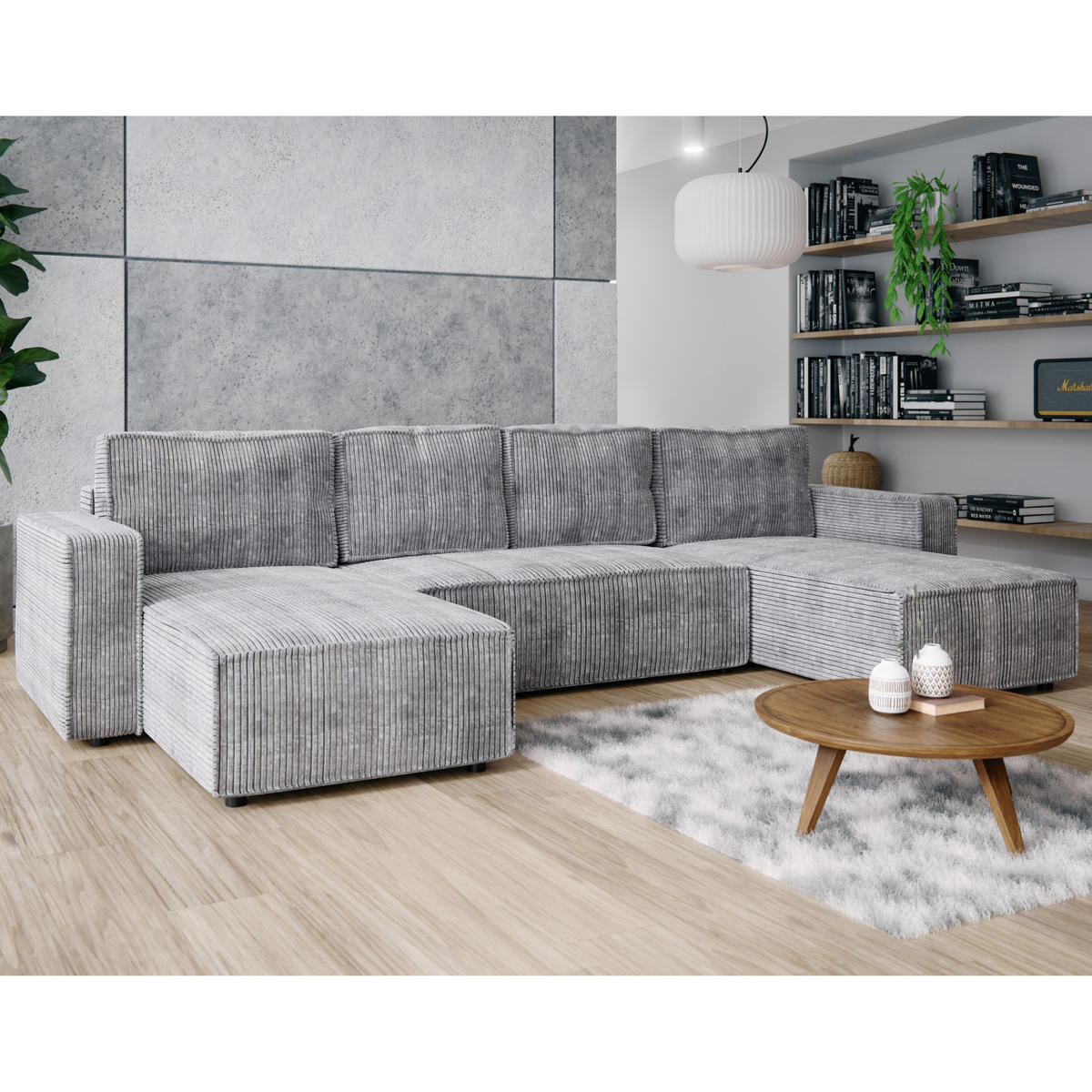 WOHNLANDSCHAFT BRIK XL 338x169 cm, Grau Cord Poso, Schlaffunktion & Bettkasten - Grau, Textil (338/85/169cm) - Excellent Home