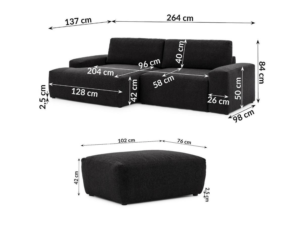 ECKSOFA inkl. Hocker Lennon aus Schwarz Strukturstoff mit Schlaffunktion und Bettkasten - Schwarz, Holz/Kunststoff (137/264cm) - S-Style