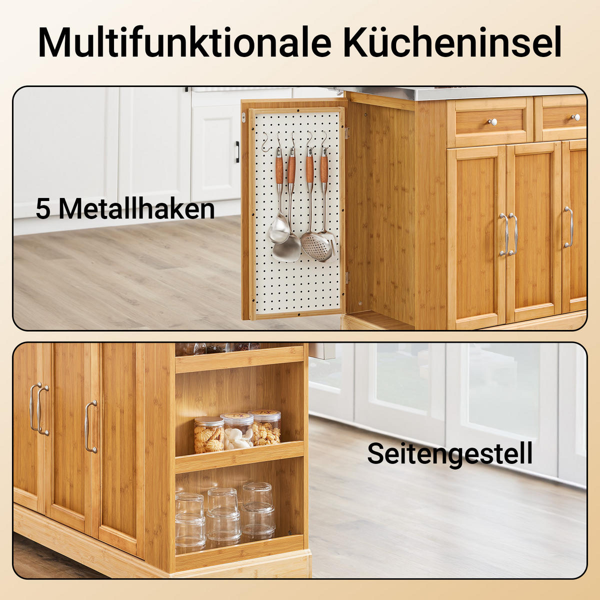 KÜCHENINSEL auf Rollen, Bambus, 107x92,5x(46–71) cm - Naturfarben, Holz/Holzwerkstoff (107/92.5/71cm) - SoBuy