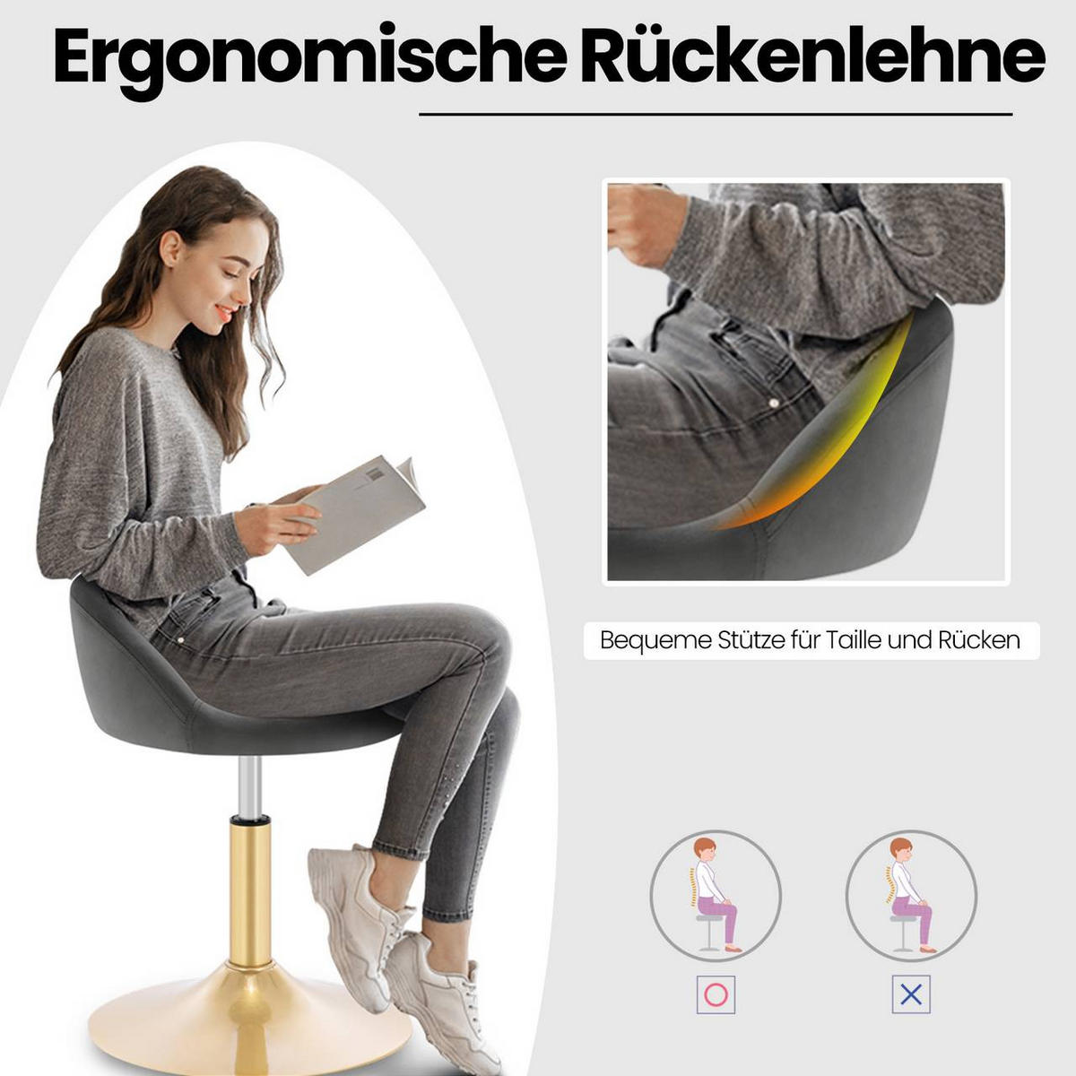 BARHOCKER 2er Set Drehhocker, Samt, Dunkelgrau+Gold - Dunkelgrau/Goldfarben, Kunststoff/Textil (38.5/49.5/43cm) - Woltu