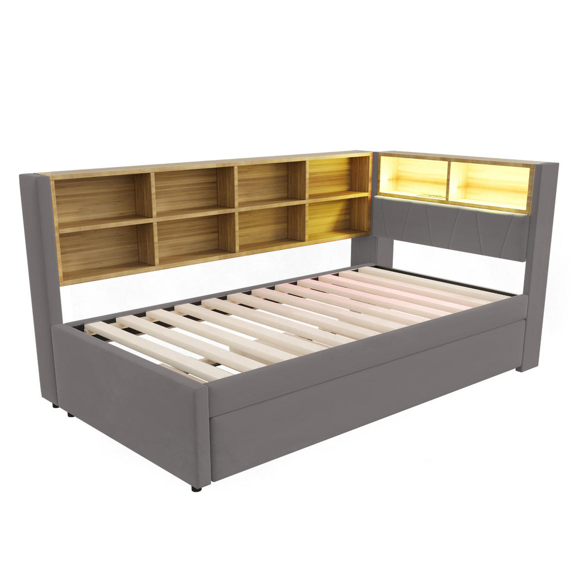 POLSTERBETT 90/200 cm Dunkelgrau mit Stauraum, LED-Beleuchtung und USB/Type-C - Dunkelgrau, Textil (90/200cm) - Flora Grace
