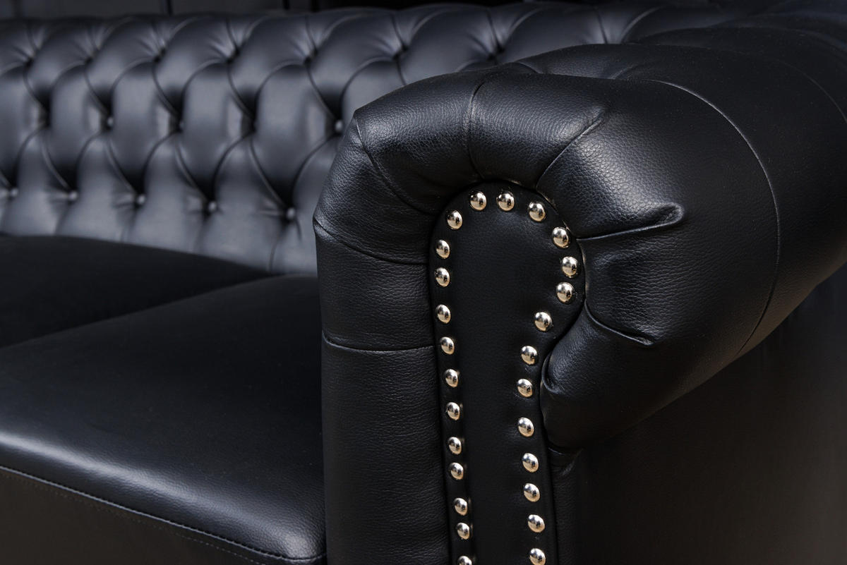 3-SITZER SOFA CHESTERFIELD Kunstleder Schwarz 205 cm - Dunkelbraun/Schwarz, Holz/Textil (205/73/85cm) - riess-ambiente