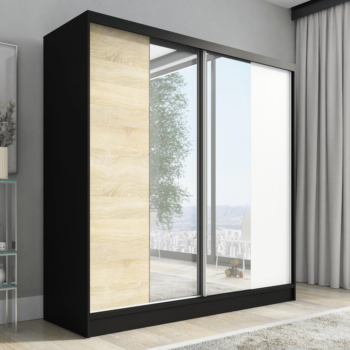 SCHWEBETÜRENSCHRANK 200 CM DUO Farbe: Schwarz | sonoma| weiß - Schwarz/Braun, Holzwerkstoff (200/215/60cm) - A&J MöbelLand