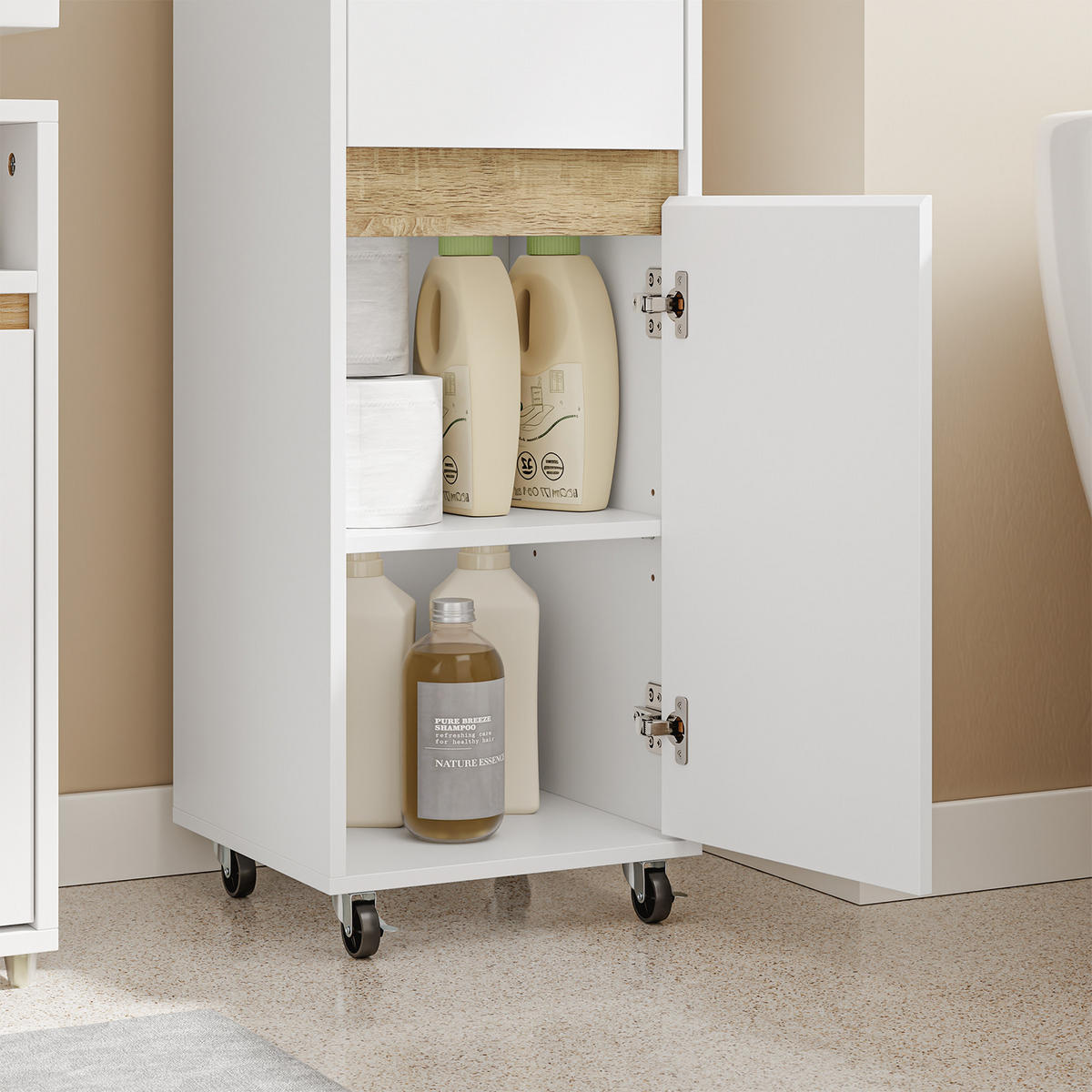 BADEZIMMERSCHRANK mit Rollen und Handtuchhalter Weiß 33x30x91,5 cm - Weiß, Holzwerkstoff (33/91/30cm) - SoBuy