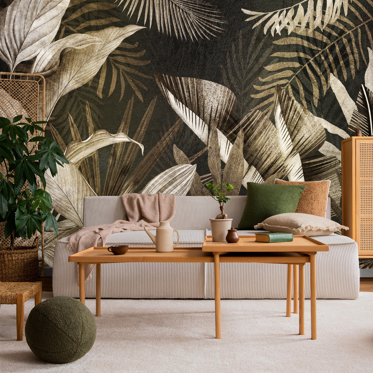 FOTOTAPETE tropische Blätter Pflanzen Retro 250x175 - Beige/Grau, Papier (250/175cm) - Muralo