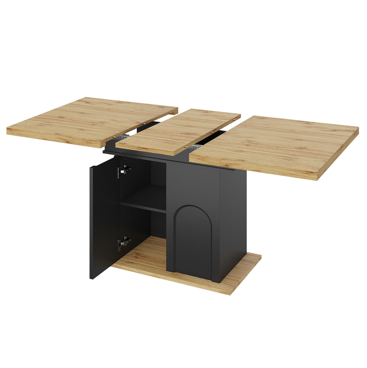 ESSTISCH aus MDF 110-140x80x76 cm Schwarz/Natur ausziehbar mit Stauraum und Soft-Close-Tür - Schwarz, Holzwerkstoff (140/80/76cm) - Modfu