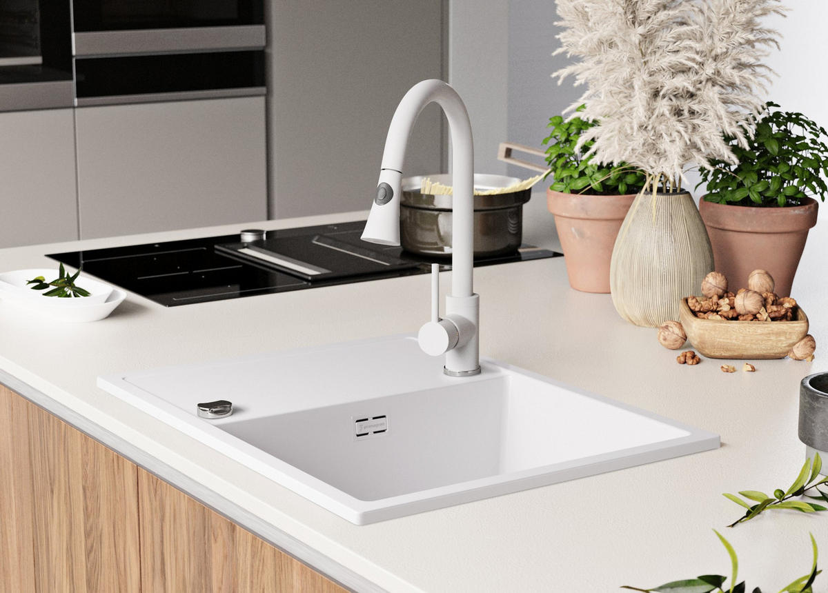 GRANITSPÜLE Ibiza, 2-er set Alles Weiß 62/50 cm 1 Becken + Küchenarmatur 38/14 cm + Ablauf-Set ab 45er Unterschrank - Weiß, Kunststoff (62/19/50cm) - Primagran