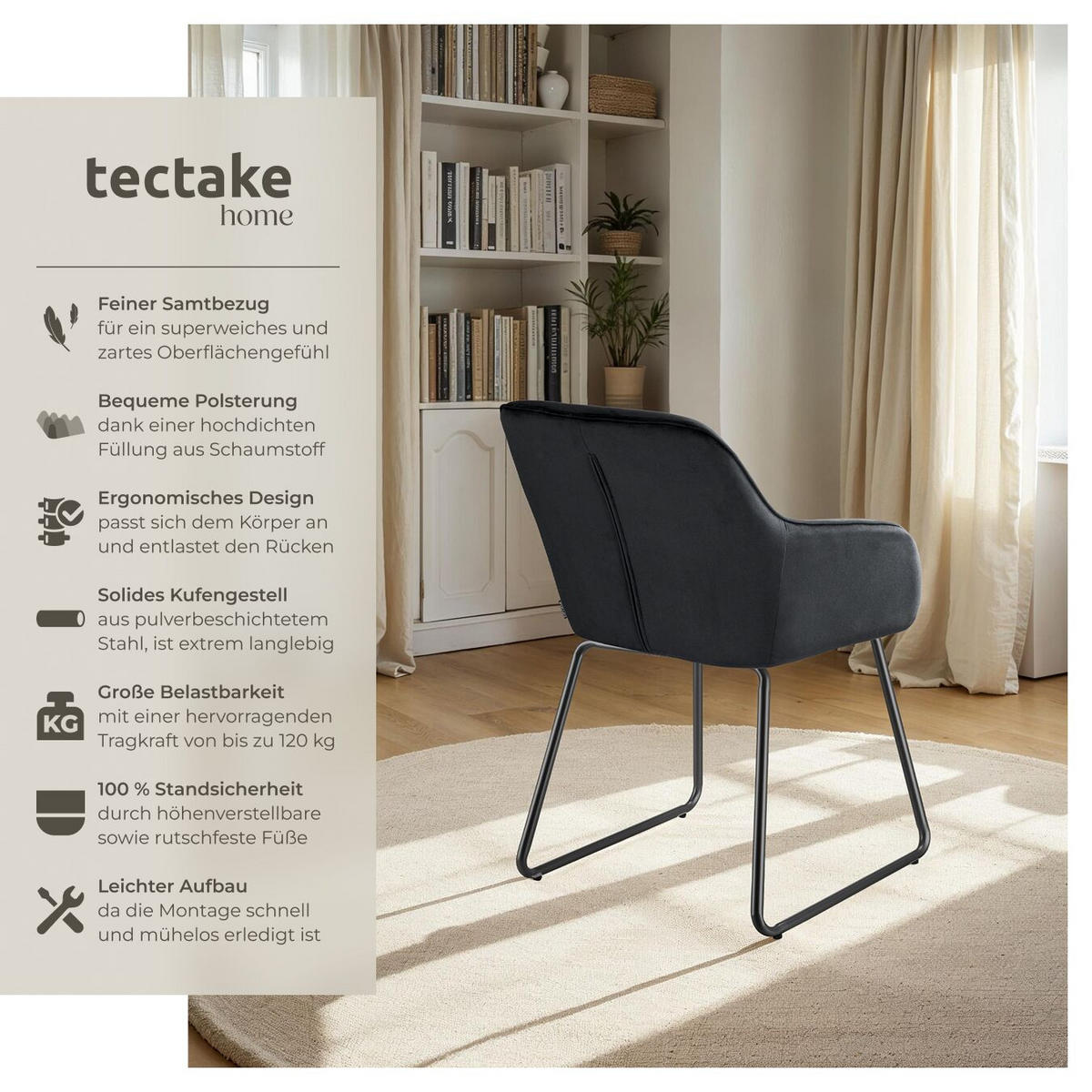 ESSZIMMERSTUHL Jeane,57 x 61 x 85,5 cm, Belastbarkeit 120 kg,Samtoptik schwarz/schwarz - Schwarz, Kunststoff (57/85.5/61cm) - tectake