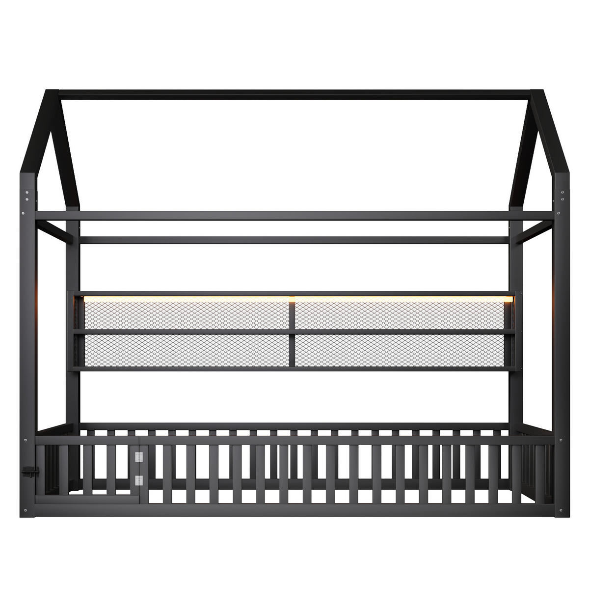 KINDERBETT 90/200 cm in Hausform aus Metall mit Sicherheitszaun und LED - Schwarz, Metall (90/200cm) - BEAOK