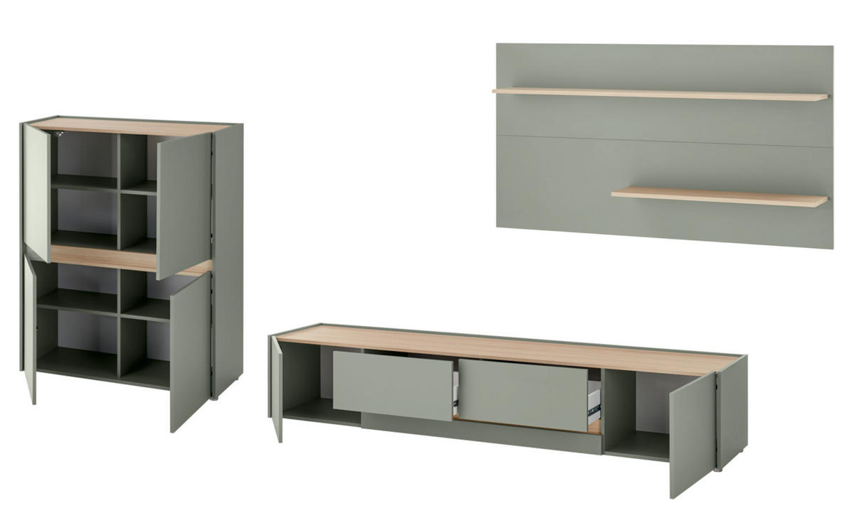 WOHNWAND 3-teilig Salbei grün, Barista Eiche 343 cm, Wohnkombination in modernem Design - Salbeigrün/Eichefarben, Holzwerkstoff/Kunststoff (343/180/45cm) - Furn.Design