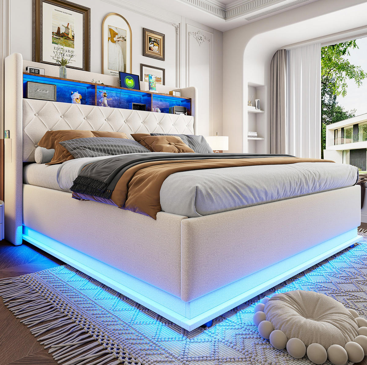 ČALÚNENÁ posteľ z látky 180x200 cm béžová s LED osvetlením, USB portom a hydraulickým úložným priestorom - béžová, textil (180/200cm) - Modfu