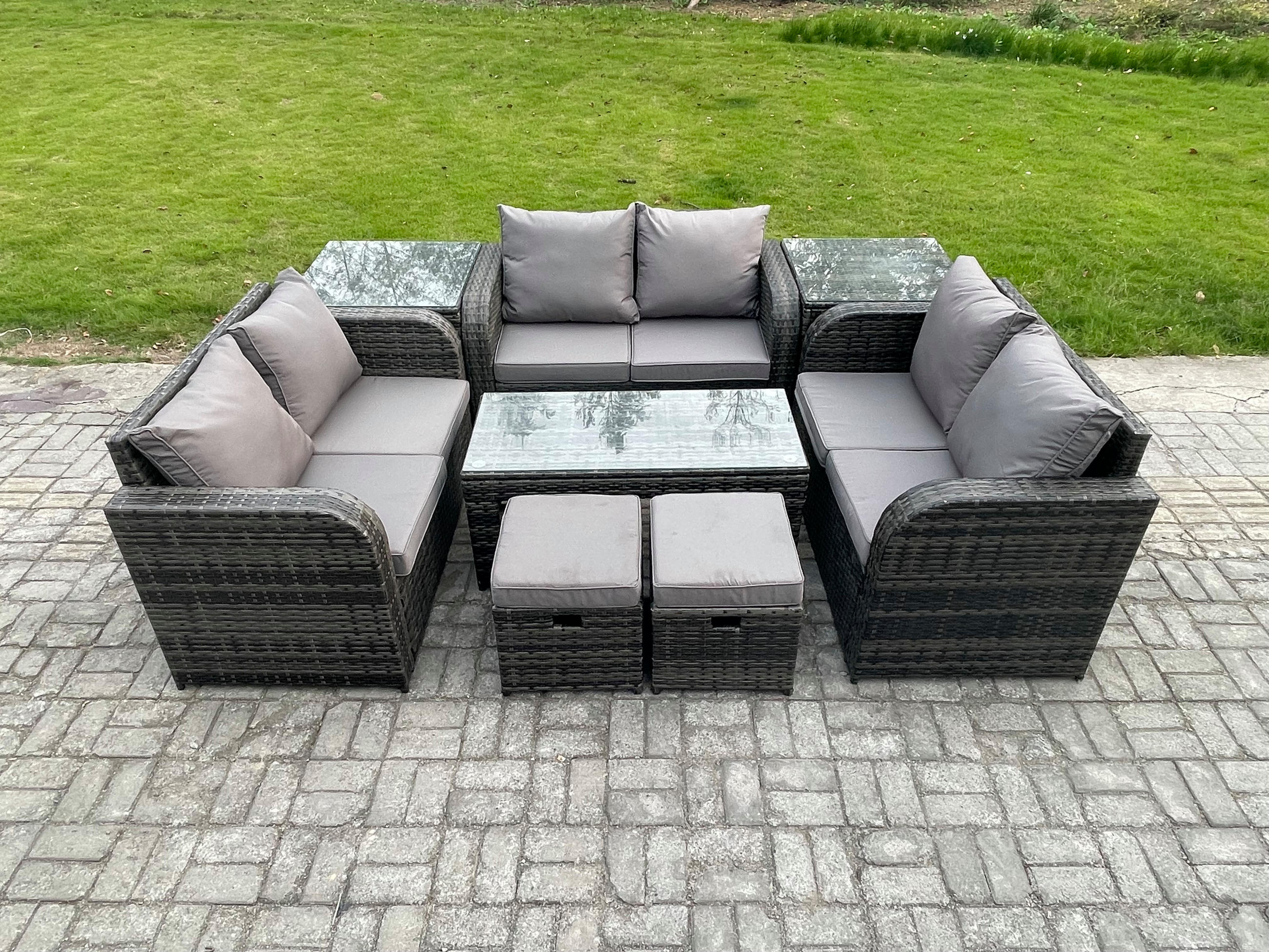 GARTENSOFA SET mit rechteckigem COUCHTISCH Polyrattan 8-Sitzer Dunkelgrau - Dunkelgrau/Grau, Glas/Kunststoff - Fimous