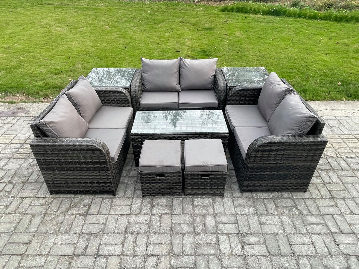 GARTENSOFA SET mit rechteckigem COUCHTISCH Polyrattan 8-Sitzer Dunkelgrau - Dunkelgrau/Grau, Glas/Kunststoff - Fimous