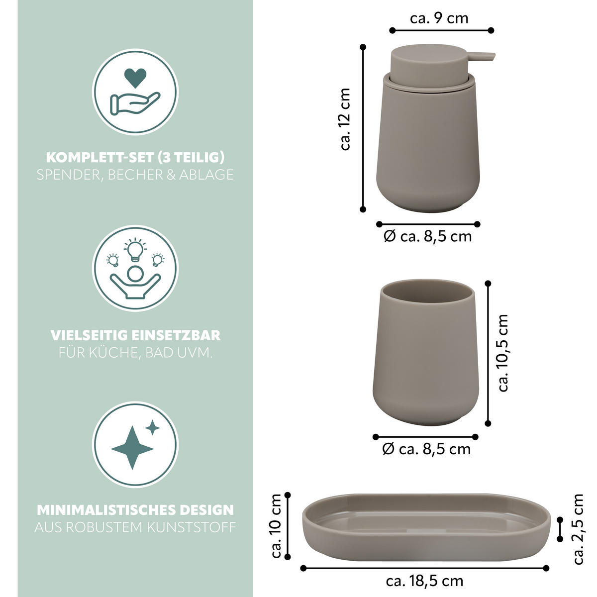 BAD-ACCESSOIRES-SET TESERO 3tlg., Soft-Touch, braun - Braun, Kunststoff (8.5/12/9cm) - eluno
