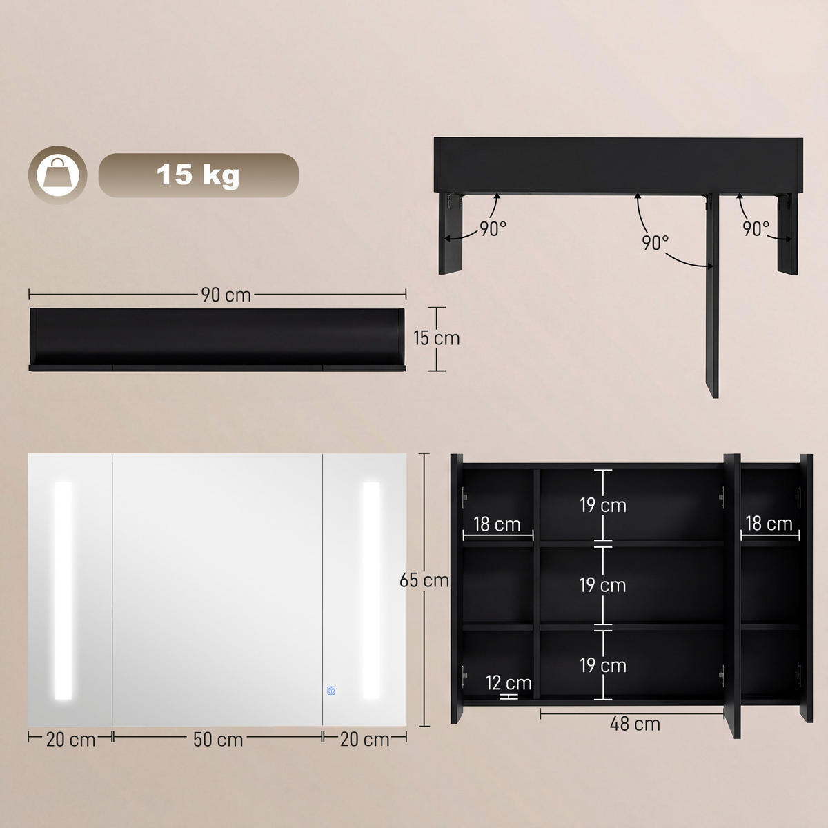 SPIEGELSCHRANK mit 3 Schränken, 3 Ablagen und LED-Beleuchtung, 90 x 15 x 65 cm ,Schwarz - Schwarz, Glas (90/65/15cm) - Vallsero