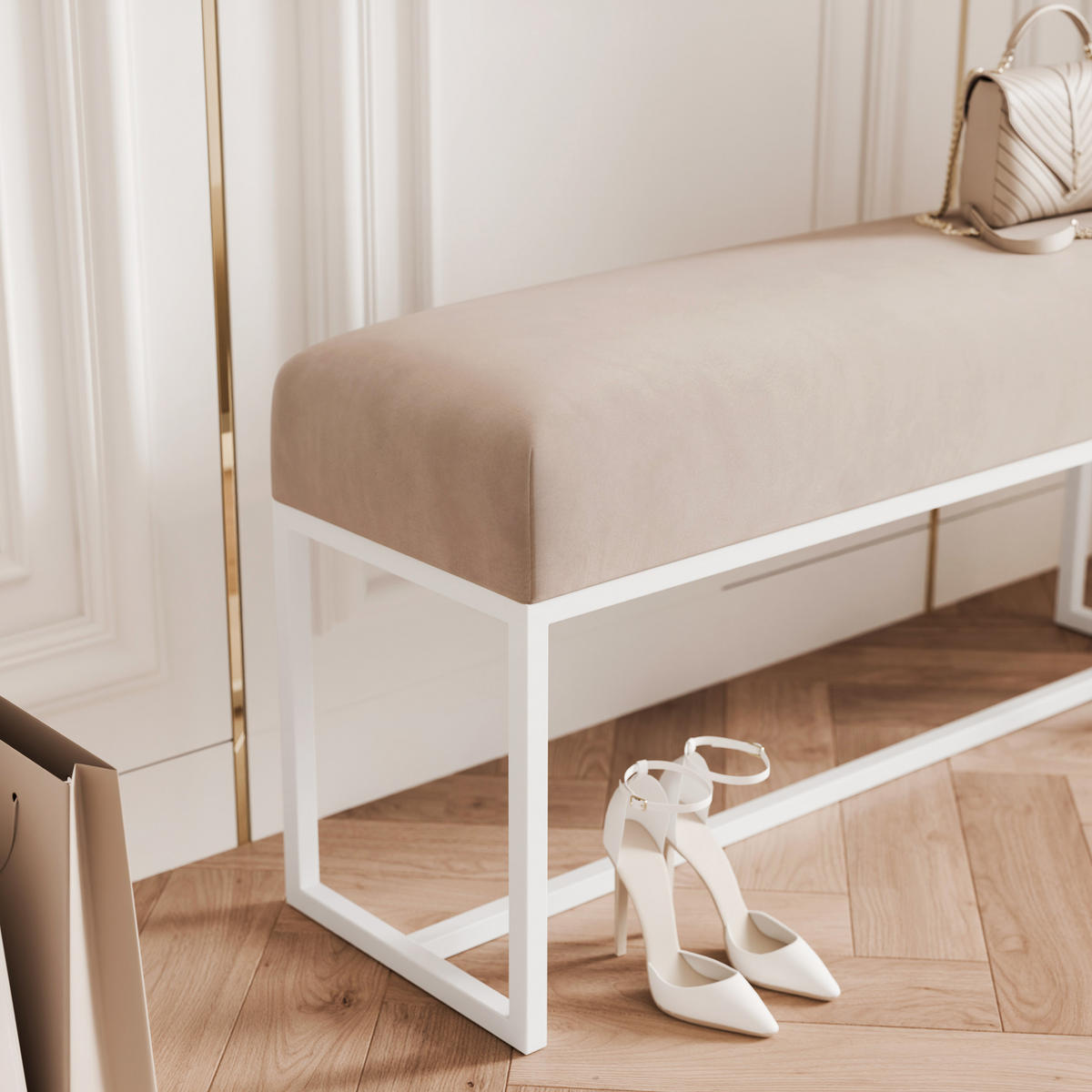 POLSTERBANK MUSE 90 cm Weiß / Beige ,Metallgestell - Beige, Metall (90/47/30cm) - Idohome