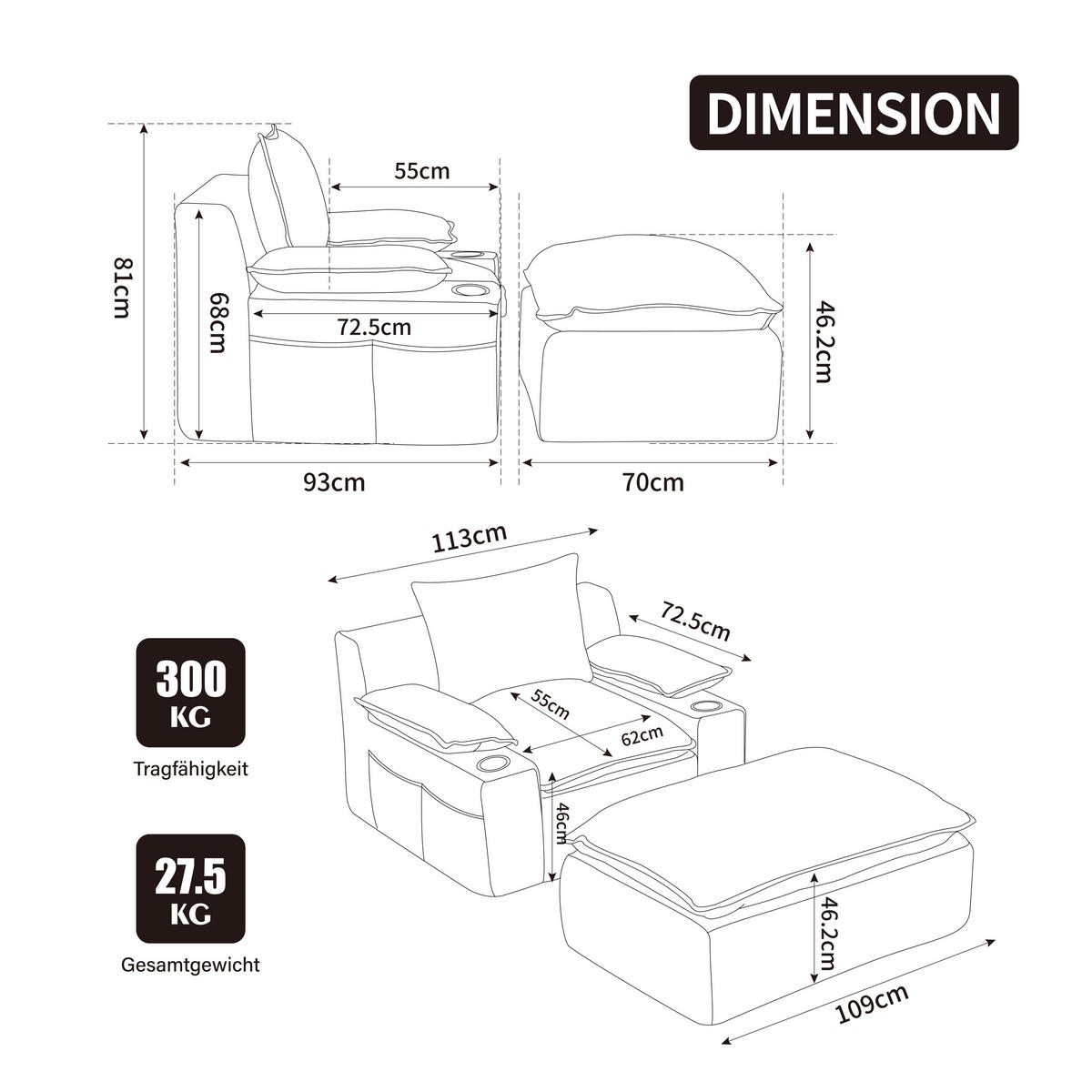 SESSEL DE-35157 mit 4 Kissen Grau - Grau, Textil (93/81/113cm) - ComfortXL