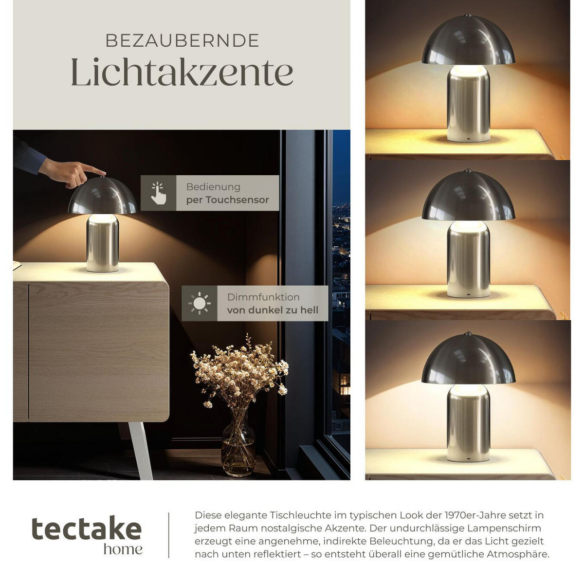 AKKU-TISCHLAMPE Kade,25 x 34 cm,Nickel matt - Nickelfarben, Metall (25/25/34cm) - tectake