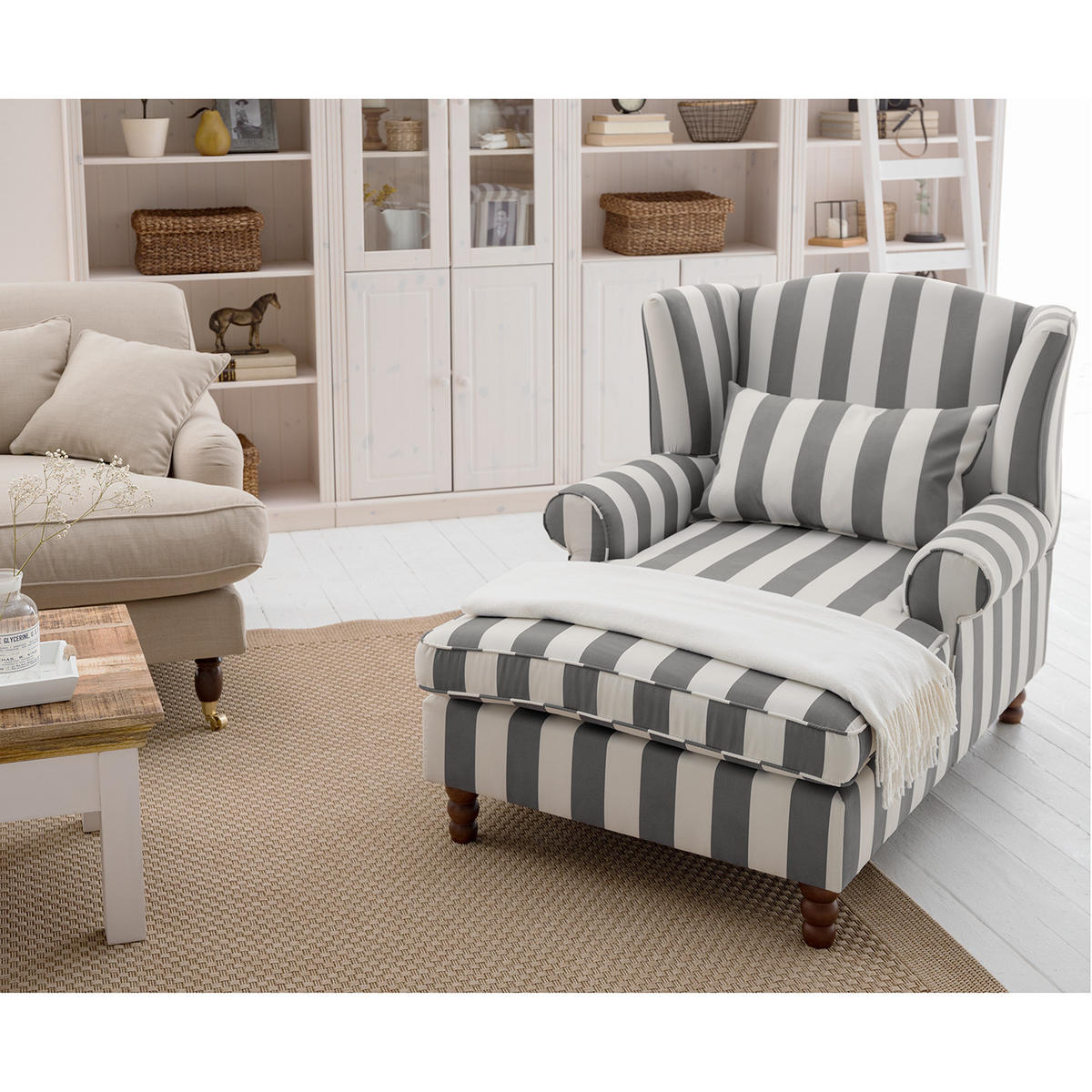 OHRENSESSEL - Webstoff - Weiß/Grau, Holz/Textil (94/95/134cm) - home24