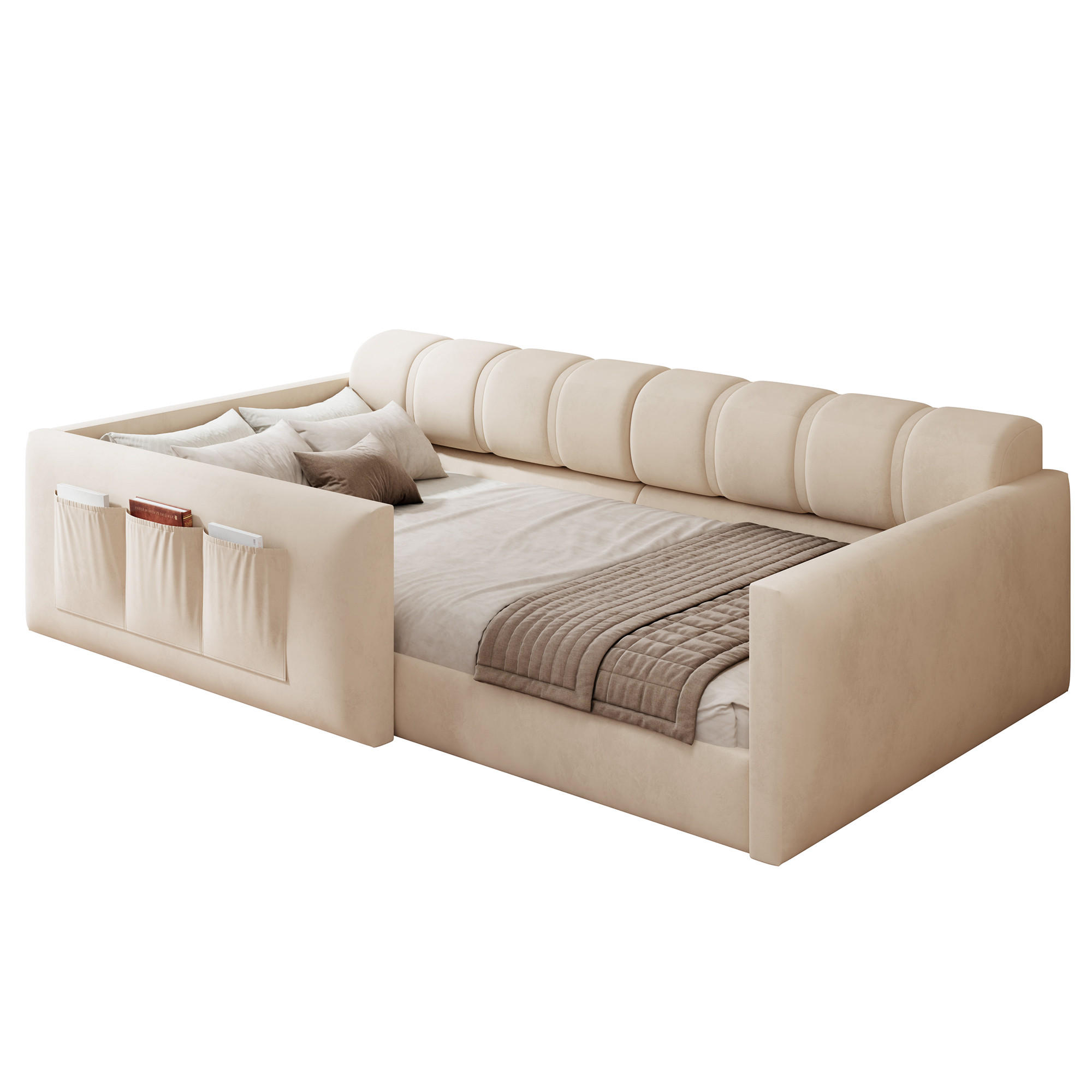 POLSTERBETT 90/200 cm in Beige Samt mit Kopfteil und Staufächern - Beige, Holzwerkstoff/Textil (90/200cm) - WISHDOR