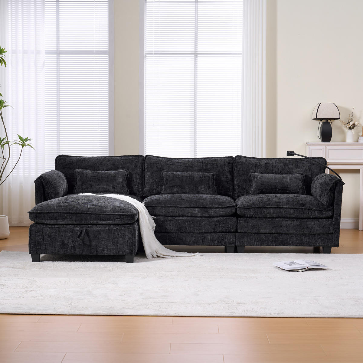 ECKSOFA mit USB-Anschluss und Hocker aus Chenille Schwarz 279/83/85 cm - Schwarz, Textil (279/83cm) - OKWISH