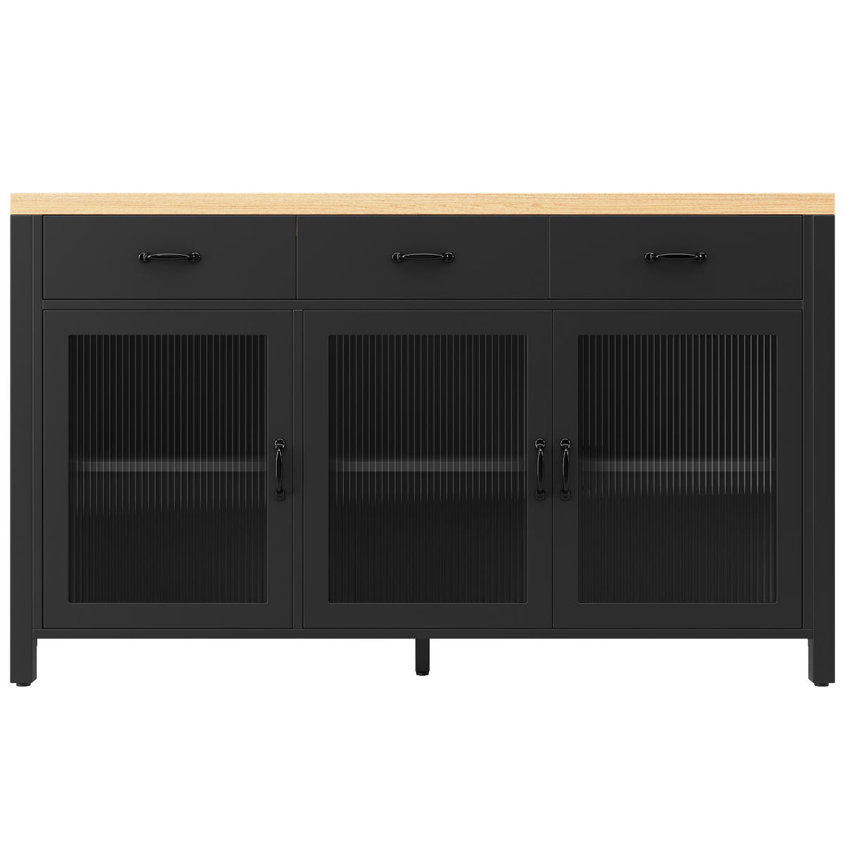 KÜCHENINSEL 150/80/90 cm Schwarz mit 3 Schubladen, 3 Glastüren und Verstellbare Füße - Schwarz, Holz/Holzwerkstoff (150/90/80cm) - Oxeza