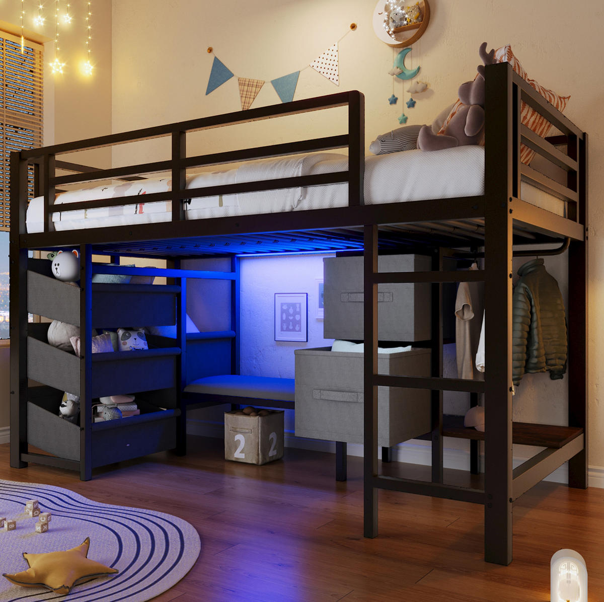 HOCHBETT 90/200 cm in Schwarz – mit LED, Sitzkissen und Stoff-Stauraum - Schwarz, Metall (90/200cm) - BEAOK