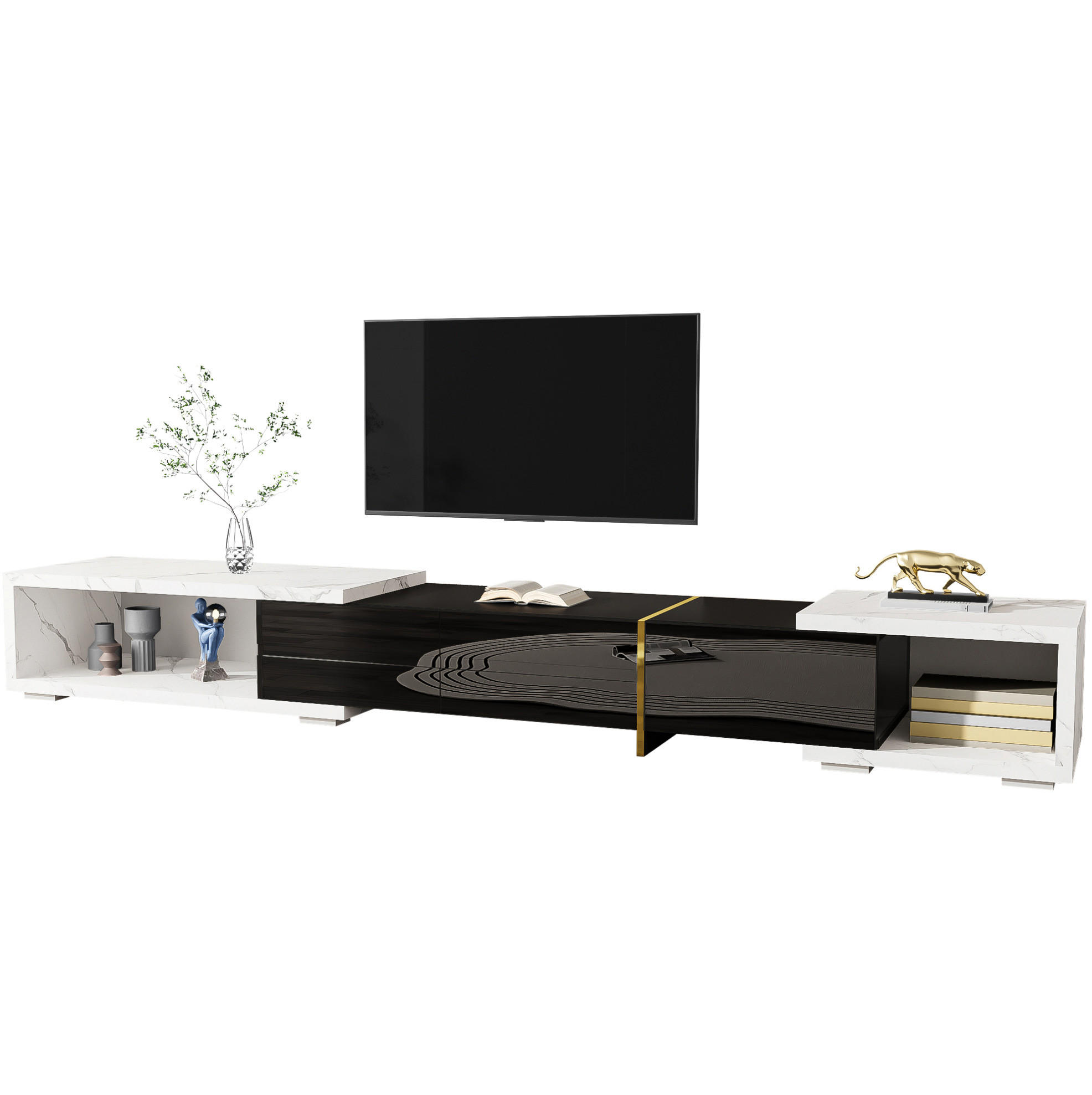 OKWISH TV stolek 140-260 cm černý z MDF a dřevotřísky s otočnou funkcí a úložným prostorem