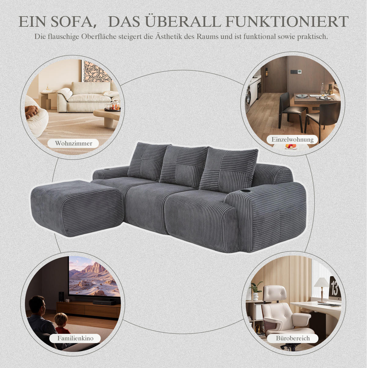 SOFA 268/174/80 cm in Dunkelgrau mit Cupholder und Tasche - Dunkelgrau, Textil (174/80/268cm) - Flora Grace