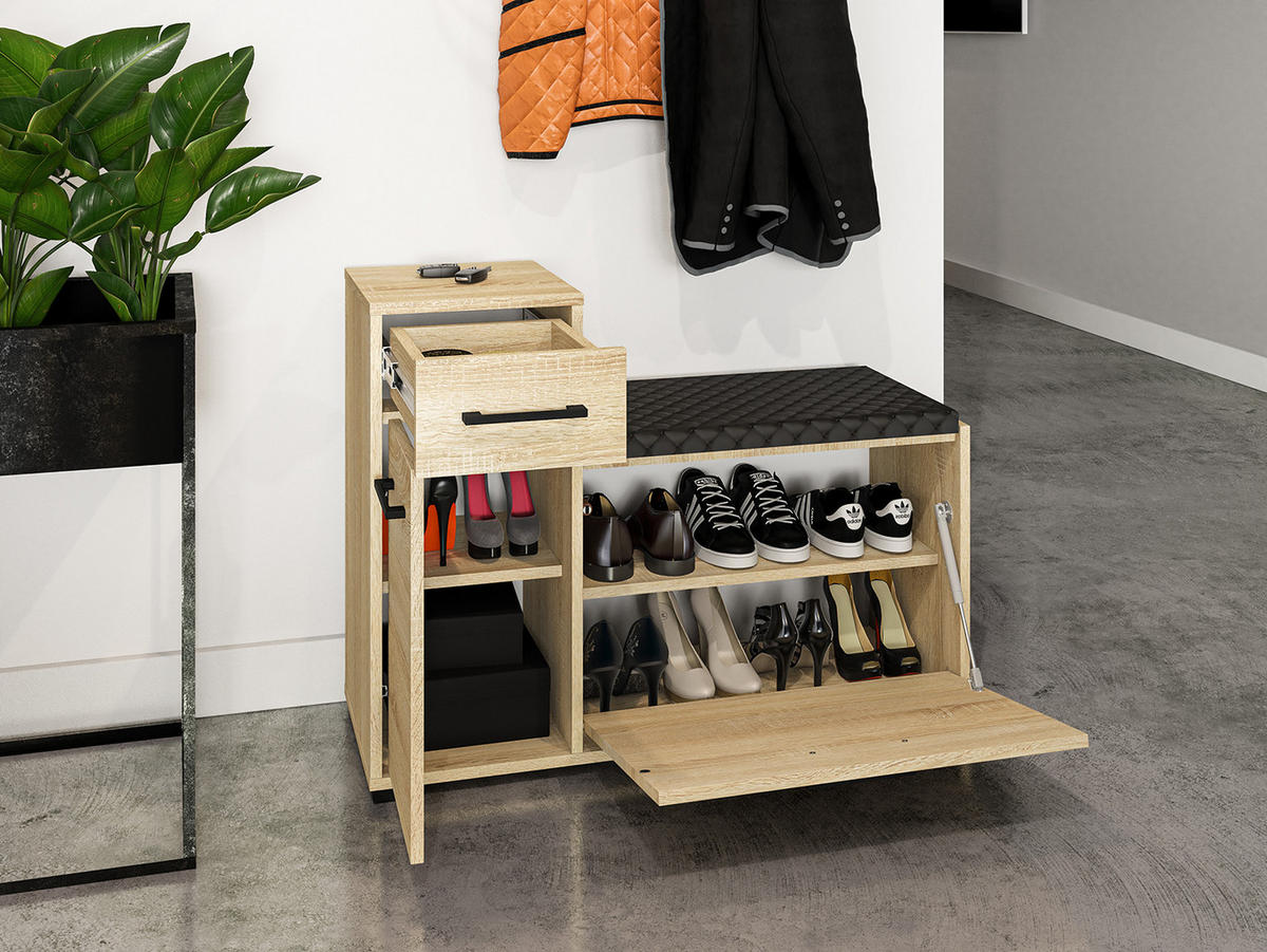 SCHUHSCHRANK Caro Sonoma Eiche hell / schwarz 90 / 34 / 68cm - Schwarz/Braun, Holz/Holzwerkstoff (90/68/34cm) - Feldmann-Wohnen