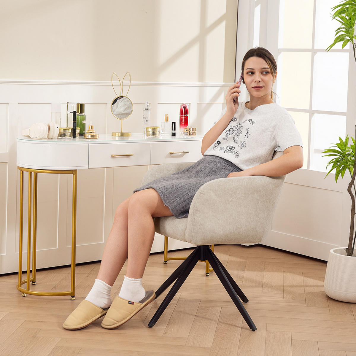 SESSEL Wohnzimmer Drehbar Loungesessel Gepolsterter Getufteter Relaxsessel Beige - Beige, Kunststoff (56/86/63cm) - HOMCOM