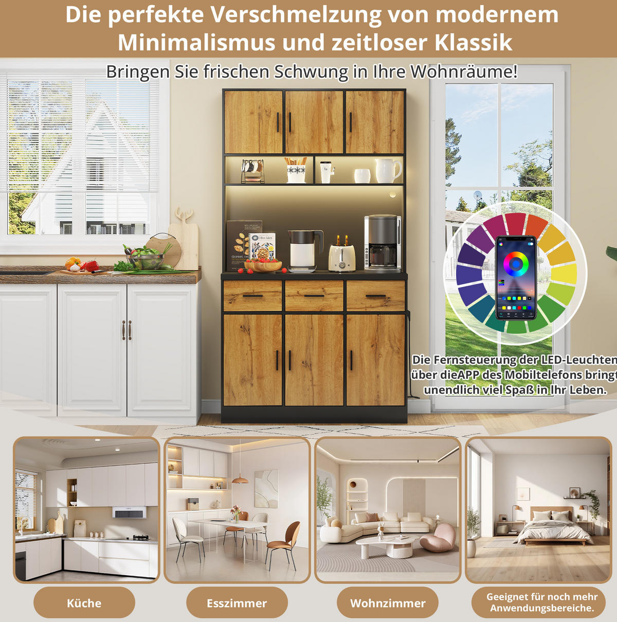 BUFFET 100/180/40 cm Schwarz/Natur aus MDF mit LED-Beleuchtung - Schwarz, Holzwerkstoff (40/180/100cm) - OKMYHOME