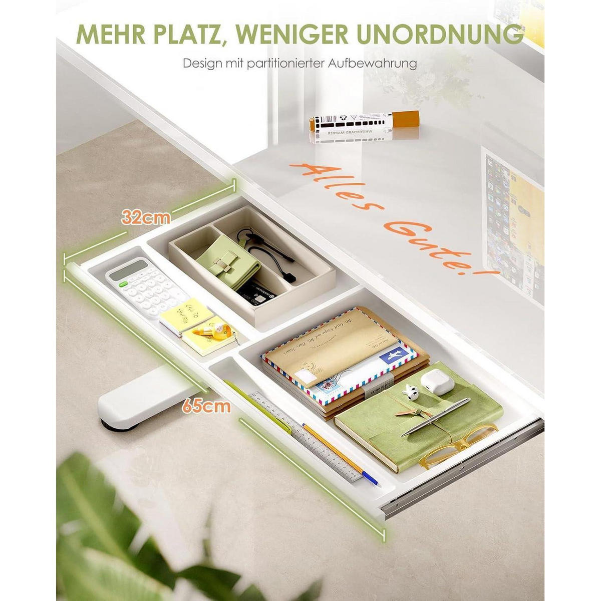 SCHREIBTISCH elektrisch höhenverstellbar 140 x 60 cm mit Schublade und USB-Anschlüssen Weiß - Weiß, Glas (140/60/72cm)