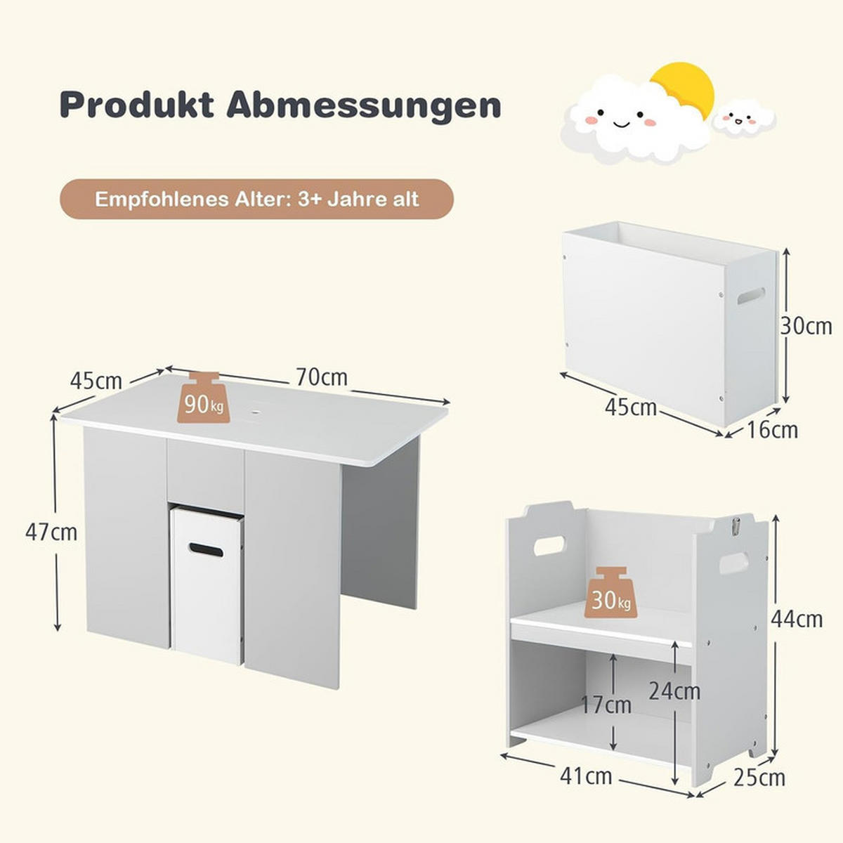 KINDERTISCH mit 2 Stühlen grau(3-tlg) - Grau, Holzwerkstoff (70/47/45cm) - COSTWAY